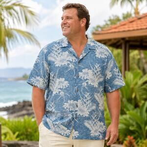 Tommy Bahama Mens XXXL Silk Blend Hawaiian Shirt Blue White Floral Camp Pocket